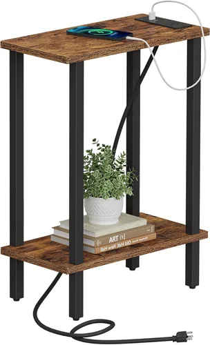 Vista 24 de TUTOTAK - Mesa auxiliar pequeña con estación de carga; mesa lateral estrecha con puertos USB y tomas de corriente; mesa de sofá delgada; mesita