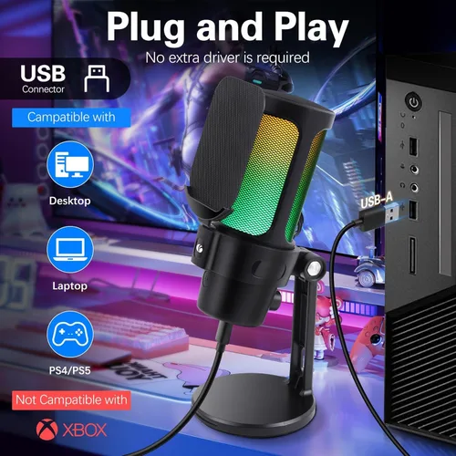 Vista 7 de VCOM Micrófono USB Gaming, Micrófono Dinámico de Condensador para Podcasting, Streaming, con Silenciado Rápido, Soporte de Escritorio, Filtro Pop