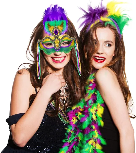 Vista 6 de Juego de 9 accesorios para disfraz de Mardi Gras, incluye collares de cuentas de Mardi Gras, plumas a granel, tocados de boas, diadema con plumas