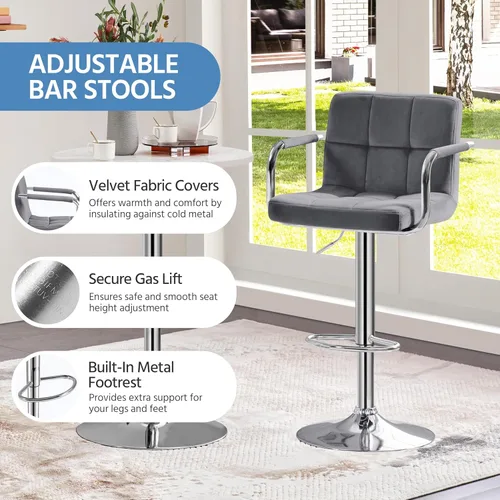 Vista 9 de Yaheetech - 4 taburetes de bar ajustables de terciopelo, taburetes de cocina, sillas de comedor giratorias hidráulicas con reposabrazos, terciopelo