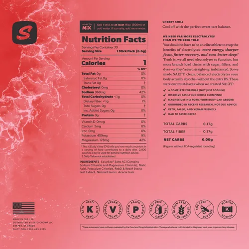 Vista 9 de SALTT Electrolytes Polvo Mezcla de Bebida Saborizada - Cherry Chill - 30 Paquetes de Hidratación - Magnesio, Potasio, Sodio, Oligoelementos - Sin