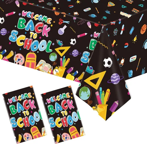 2 Pcs Welcome Back to School Tablecloth,54x108 Inch Disposable Plastic Waterproof Table Cover First Day of School Party Decoration(Black)