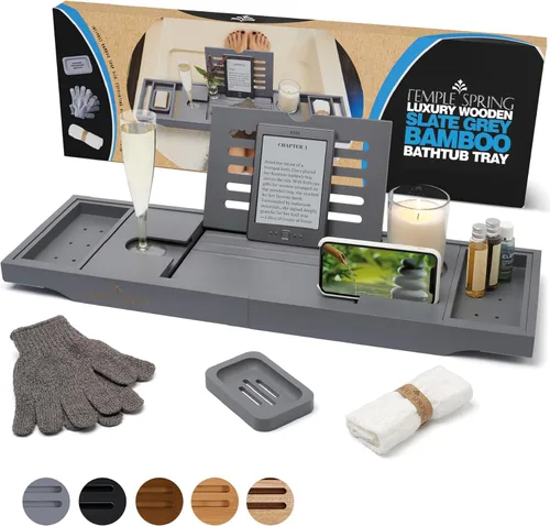 Vista 8 de Temple Spring Bandeja de bañera de madera, accesorios de baño de bambú, bandeja de baño para bañera, artículos esenciales de spa en casa, tabla
