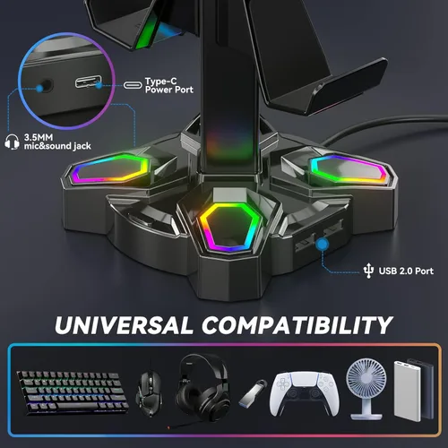 Vista 3 de KDD Soporte de auriculares RGB para juegos, soporte giratorio para auriculares con 9 modos de luz, soporte para controlador con 2 puertos de carga