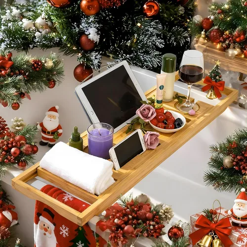 Vista 5 de VaeFae - Bandeja extensible de bambú para bañera, bandeja de baño para tina con ranuras mejoradas para vino y soporte para libros - Ideal para uso