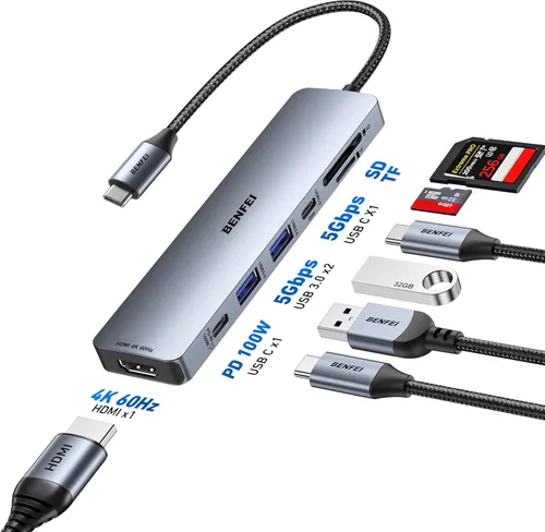 Vista 2 de BENFEI Concentrador USB C 7 en 1 con HDMI (4K@60Hz), 2 USB-A, 1 USB-C de datos, carga de 100W, lector de tarjetas SD/TF, cable sin enredos