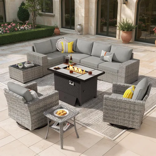 Vista 16 de Juego de muebles de patio de 6 piezas, sofá modular de mimbre para exteriores con mesa auxiliar, cómodos cojines, moderno sofá modular de ratán