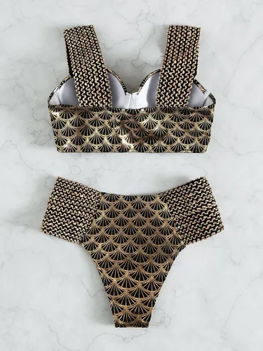 Vista 7 de WDIRARA Conjunto de bikini de 2 piezas con estampado metálico y tirantes anchos para mujer