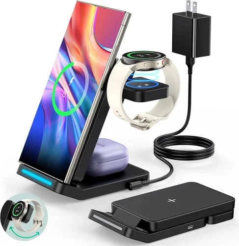 Cargador inalámbrico plegable para Samsung, estación de carga rápida Samsung 3 en 1 para S25 Ultra S24/S23/S22/Z Fold 7/6/Z Flip/Note, cargador de