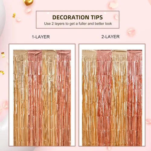 Vista 6 de LOLStar Paquete de 2 decoraciones de cumpleaños de oro rosa, cortinas de flecos de papel de aluminio rosa y dorado, cortinas de flecos de papel
