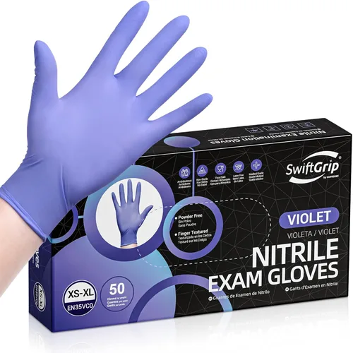 Vista 10 de Guantes de examen desechables de nitrilo SwiftGrip, 3 mil, XS, caja de 100, guantes de nitrilo violeta desechables sin látex para uso médico