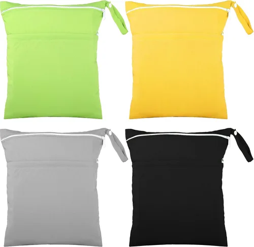 Vista 8 de Shappy 4 bolsas para artículos húmedos y secos para pañales de tela para bebé, bolsa impermeable lavable, de viaje, reutilizable, con 2 bolsillos