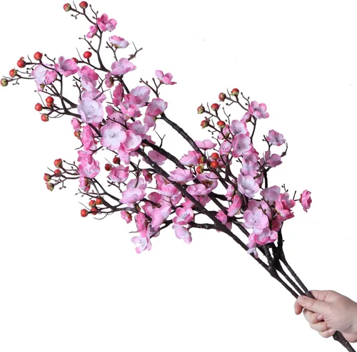3 ramas artificiales de flor de cerezo, tallo de 37 pulgadas de largo, flor de ciruelo de seda con brotes, albaricoque japonés realista para