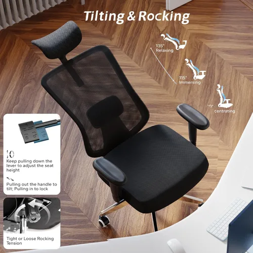 Vista 4 de Silla de oficina ergonómica, silla de escritorio de malla con reposacabezas ajustable y reposabrazos 2D, sillas de computadora con soporte lumbar