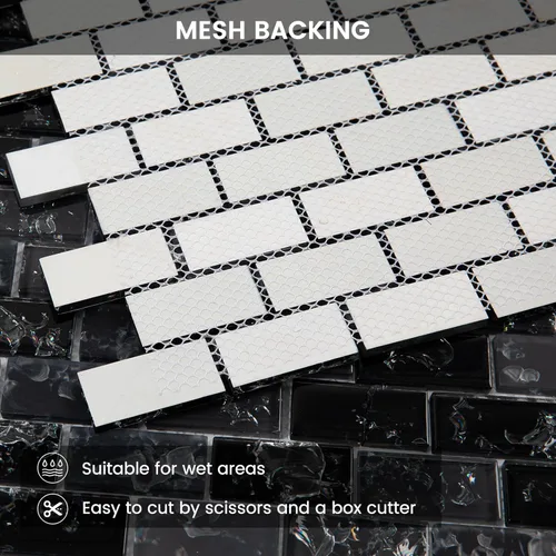 Vista 5 de Azulejo de mosaico de vidrio para salpicadero negro y gris de 12 x 12 pulgadas para salpicadero de cocina, baño y ducha