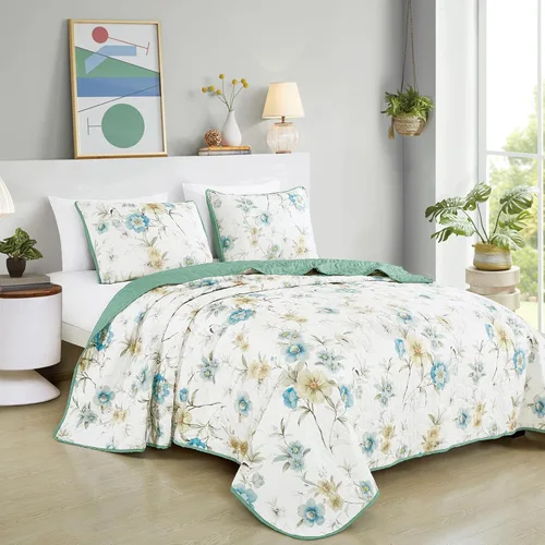 Vista 20 de ESCA - Juego de colcha de 3 piezas, tamaño Queen, con estampado de girasoles amarillos reversible, floral negro y verde 04 Soleado