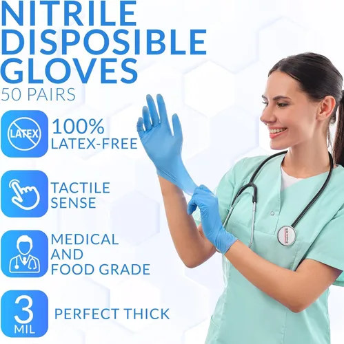 Vista 3 de [100 guantes de nitrilo – Examen desechable sin polvo ni látex – Grado médico y alimenticio – 3 mil – sensible al tacto