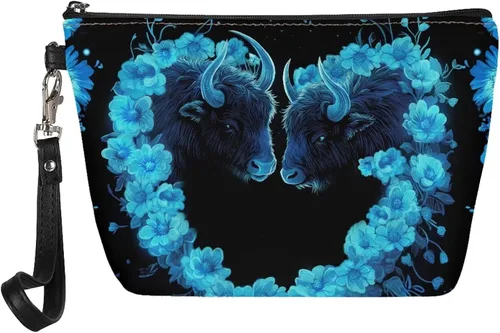 Vista 35 de Howilath Abstract Art Cat Cosmetic Pouch for Women PU Leather Toiletry Storage Bag Trapezoid Makeup Bags with Wrist Strap