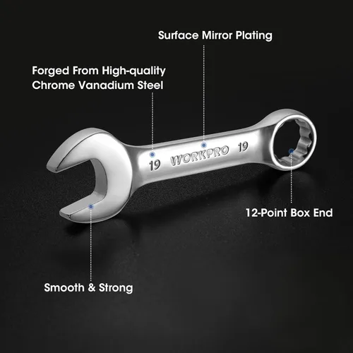 Vista 5 de WORKPRO Juego de llaves rechonchas de 12 piezas, métricas de 0.315-0.748 in, acero Cr-V, juego de llaves combinadas pequeñas con estuche