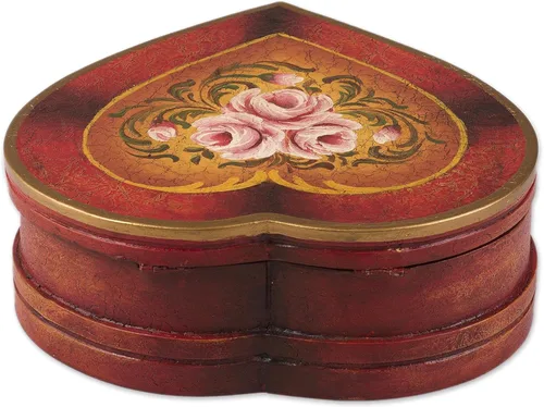 Vista 4 de NOVICA Joyero de madera en forma de corazón rojo y oro con rosas pintadas amor atemporal