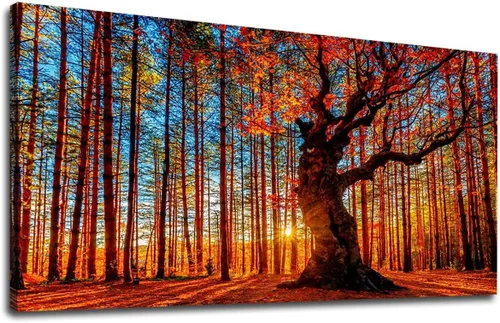 Vista 17 de Arte de pared grande con atardecer en el bosque, imagen de paisaje de Otoño Bosque Pu