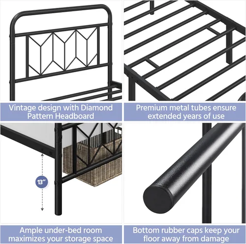 Vista 4 de Yaheetech Armazón de Cama de Plataforma Metálica Base de Colchón con Cabecero/Pie de Cama con Patrón de Diamante/Soporte de Listones de Acero
