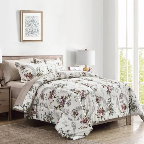 Juego de edredón de 7 piezas tamaño Queen, diseño floral beige, de microfibra suave, para todas las estaciones (1 edredón, 2 fundas de almohada, 1