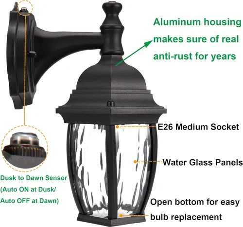 Vista 2 de LIT-PaTH Farol de pared para exteriores del atardecer al amanecer, aplique de pared como accesorio de iluminación de porche con base mediana E26