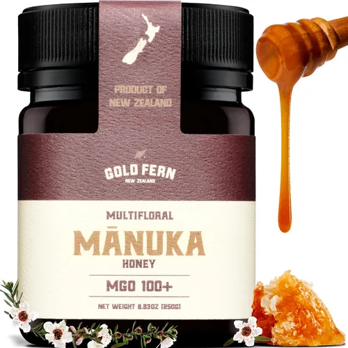 Gold Fern Honey - Miel de manuka cruda de Nueva Zelanda | 8.8 onzas MGO 100+ | Miel de superalimento pura, natural, sin pasteurizar y sin filtrar,