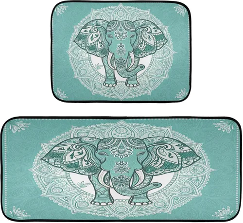 Burbuja Juego de 2 tapetes y tapetes de cocina de elefante bohemio, absorbentes, lavables, antideslizantes, cómodos, para cocina, baño, sala de