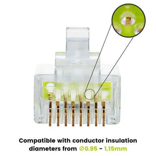 Vista 9 de trueCABLE Conectores RJ45 Cat6/6A, enchufe modular escalonado, sin blindaje (UTP), listado UL, barra de carga, chapado en oro, 3 clavijas 8P8C, 100