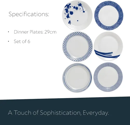 Vista 6 de Royal Doulton Pacific - Platos llanos con patrones mixtos, 11.4 pulgadas, azul/blanco, juego de 6
