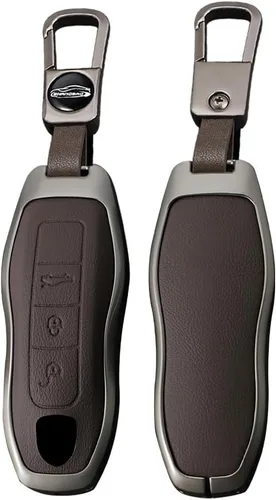 Vista 9 de Funda de cuero para llavero Porsche, protector de llave de metal, apto para Boxster Cayenne Panamera Cayman Macan Carrera 911 991, negro (long-Black)
