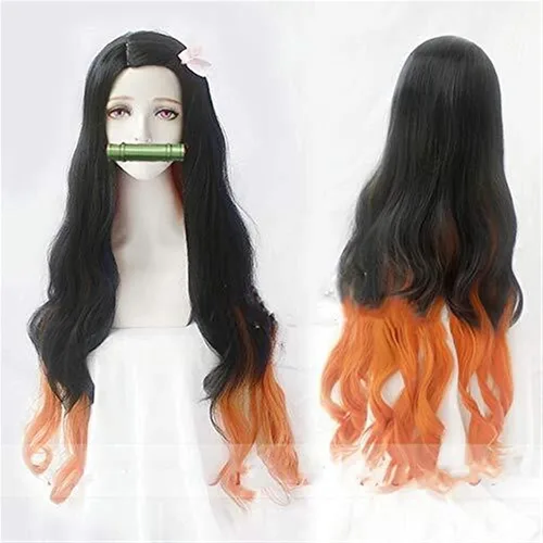 Pelucas de cosplay de 41.3in de largo Demon Slayer Nezuko Kamado Kimetsu No Yaiba resistente al calor Pelucas de disfraces Cosplay + gorro de peluca