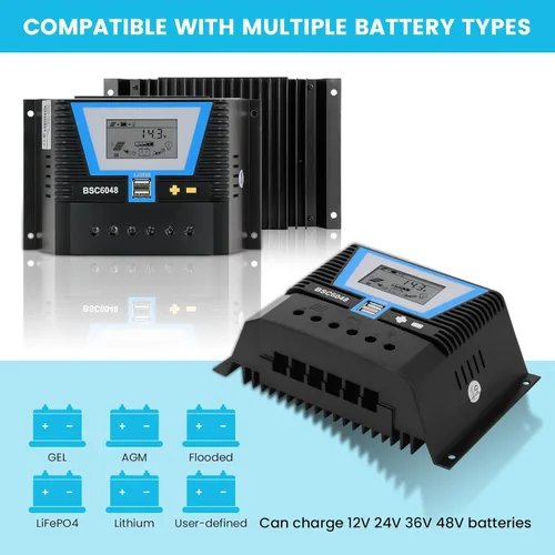 Vista 4 de PowMr Controlador solar PWM de 60 A, 12 V, 24 V, 36 V, 48 V, automático, con pantalla LCD, controlador de carga de salida USB dual para batería AGM