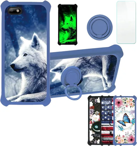 Case Compatible with Celular Kalley Element 5+Plus Phone Case Cover [with Tempered Glass Screen Protector][Hard PC + Soft Silicone][Ring Support]