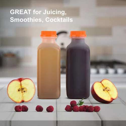 Vista 4 de EcoQuality [Paquete de 250] Botellas vacías de plástico para jugo con tapas a prueba de manipulaciones de 16 onzas, botellas de batidos, ideales