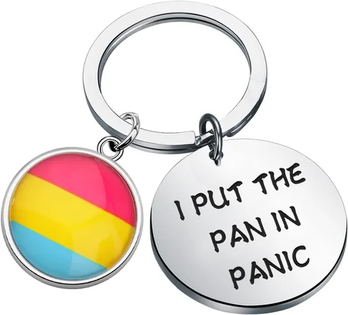 Llavero pansexual con texto en inglés "I Put The Pan In Panic", llavero con dije de bandera pensexual Pan en Panic K