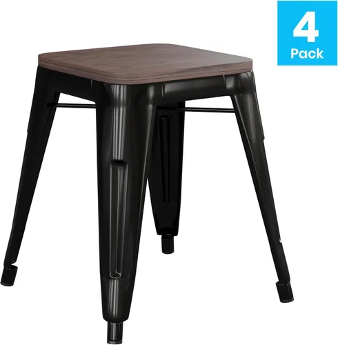 Vista 4 de Flash Furniture Juego de 4 taburetes de metal con asiento de madera, taburete Kai de grado comercial negro sin espalda, sillas de comedor apilables