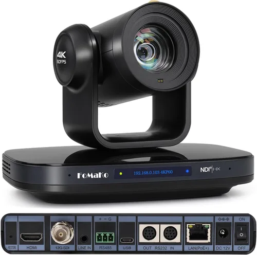 FoMaKo Cámara PTZ NDI 12G-SDI 4K 60FPS con soporte libre, zoom óptico 20X, seguimiento de IA 4KP60, 1/1.8 UHD CMOS 8.42MP HDMI USB3.0 3G-SDI, cámara