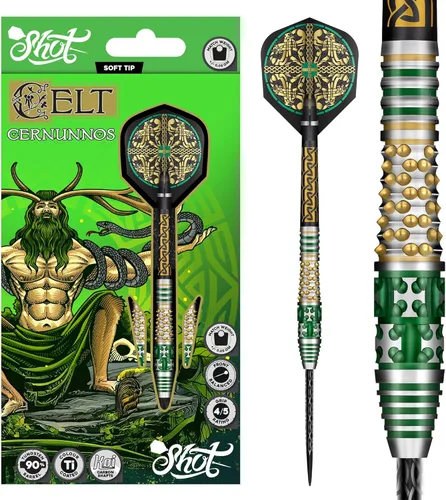 Shot! Dardos de punta de acero, celt cernunnos (0.78 oz/0.81 oz/0.85 oz), 90% barril de tungsteno, peso frontal, juego de dardos profesionales