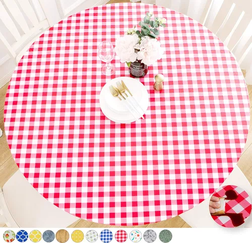 Vista 21 de Rally Home Goods Mantel redondo de vinilo ajustable para interiores y exteriores, respaldo de franela, borde elástico, funda de plástico impermeable