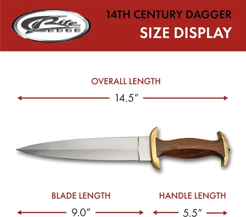 Vista 3 de SZCO Cuchillo de caza Full Tang de 15 pulgadas, cuchillo de daga del siglo XIV con mango de madera marrón, hoja y funda de acero inoxidable