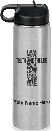 Vista 48 de LaserGram Botella de agua de doble pared abatible de 12 onzas con pajilla, versículo bíblico John 14-6, grabado personalizado incluido