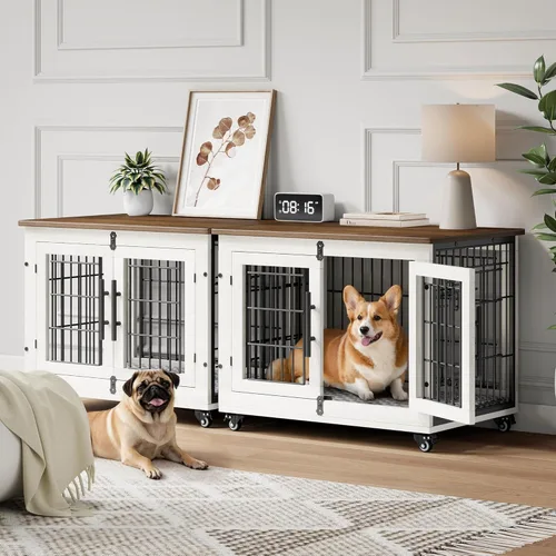 Vista 21 de YaFiti Mueble de jaula para perros con cojín, perrera de madera para interiores con puertas dobles, jaula para perros con ruedas, mesa auxiliar