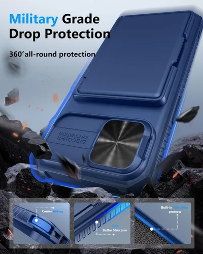 Vista 5 de ATATOO Funda tipo cartera para iPhone 16e, tarjetero integrado (3-5 tarjetas) y funda de cámara deslizante y bloqueo RFID, protección de grado Azul