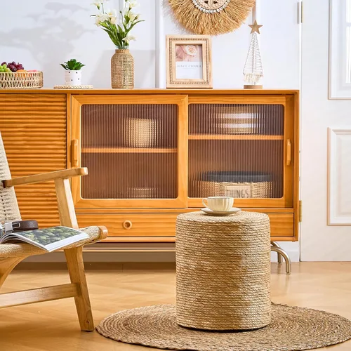 Vista 4 de Wimarsbon Taburete de pie de hierba marina natural, otomana redonda tejida a mano, para sala de estar, asiento al aire libre (natural)