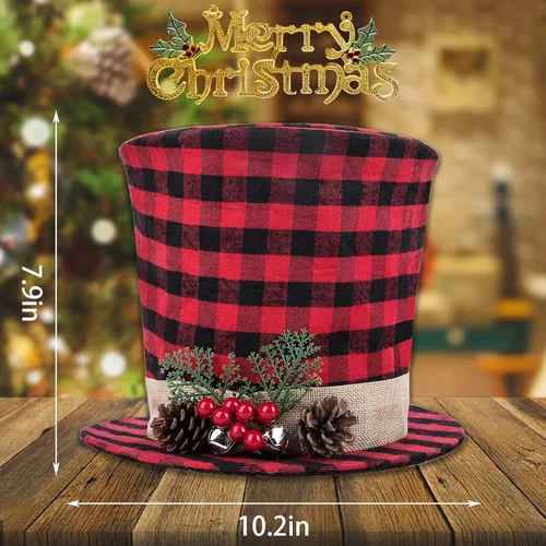 Vista 3 de Codree - Sombrero de copa de árbol de Navidad - Sombrero de copa de color rojo y negro con diseño de cuadros de búfalo con piña, baya, campana