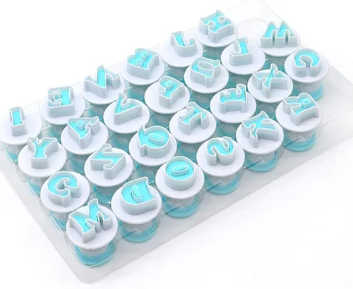 Juego de 26 cortadores de galletas con letras mayúsculas, mini cortadores de estampado de resorte del alfabeto en mayúsculas, de plástico de grado