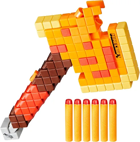 Nerf Minecraft Firebrand, hacha que dispara dardos, 6 dardos de espuma Nerf Elite, diseño inspirado en el hacha de Minecraft en el juego, activación